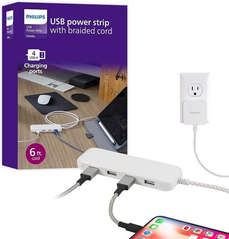 Philips 24W USB Charging Station, 2 Pack, for iPhone 12/11/Pro/Max/XS/XR/X/8, iPad Pro, Samsung Galaxy S21/S10/S9/Plus, Google Pixel 5/C/3/2/XL, USB-A, 6 ft. Braided Cord, DLK2502/27 in Saudi Arabia