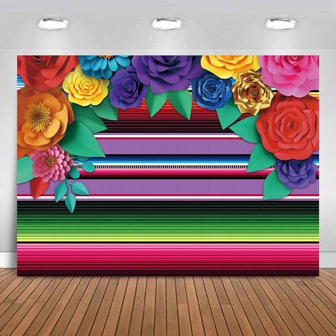Mexican Fiesta Theme Party Striped Cinco De Mayo Paper Flowers Background Decoration Photobooth Props Cake Table Banner 82x60in in Saudi Arabia