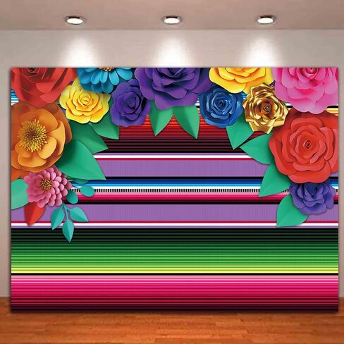 Mexican Fiesta Theme Party Striped Cinco De Mayo Paper Flowers Background Decoration Photobooth Props Cake Table Banner 82x60in in Saudi Arabia
