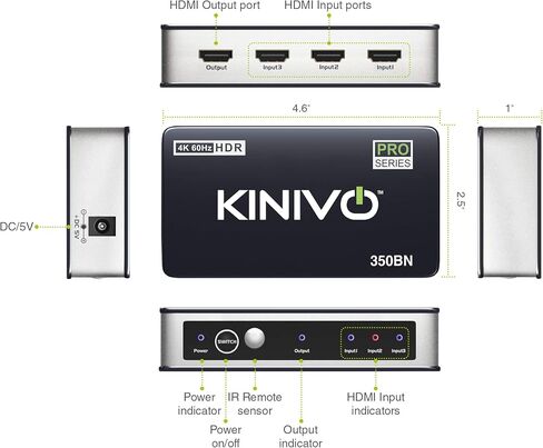 محول Kinivo HDMI مع مستخرج الصوت 560BNT (محور إخراج 5 في 1، منفذ صوت بصري Toslink، SPDIF، محول 4K 60 هرتز، 18 جيجابت في الثانية، جهاز تحكم عن بعد بالأشعة تحت الحمراء) - متوافق مع وحدة تحكم الألعاب، تلفزيون الكابل، الكمبيوتر الشخصي، Dolby Digital in Saudi Arabia