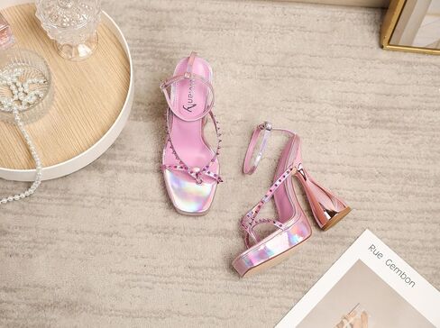 vivianly Women's Square Toe Platform High Heels Ankle Strap Chunky Block Heeled Sandals in Saudi Arabia