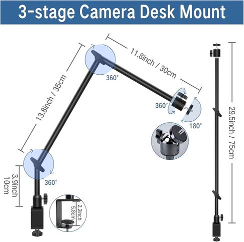 Webcam Stand Camera Mount with Phone Holder,Overhead Camera Mount Desk Stand,C Stand with Boom Arm Tabletop Photography Videography Live Stream Table clamp Mount (Type1) in Saudi Arabia