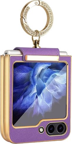 Case for Samsung Galaxy Z Flip 5 with Ring, Luxurious Beauty Faux Leather Plating Frame Small Screen Protection Shock Resistant Scratch Proof Hard Case (Purple) in Saudi Arabia