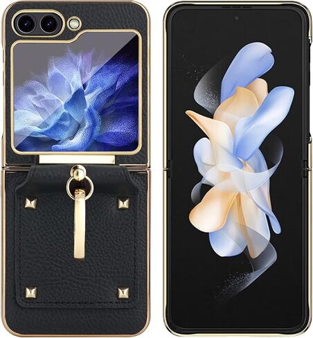 Case for Samsung Galaxy Z Flip 5 with Ring, Luxurious Beauty Faux Leather Plating Frame Small Screen Protection Shock Resistant Scratch Proof Hard Case (Purple) in Saudi Arabia