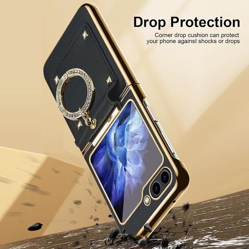 Case for Samsung Galaxy Z Flip 5 with Ring, Luxurious Beauty Faux Leather Plating Frame Small Screen Protection Shock Resistant Scratch Proof Hard Case (Purple) in Saudi Arabia
