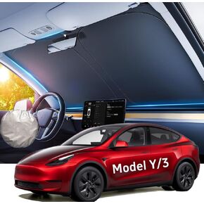 2024 Newest Windshield Sun Shade for Tesla Model Y/3, Improved UV Protection Fabric, Metal Frame, Custom-Size Foldable Sunshades for Front Windows, Car Accessories for Tesla Model Y/3 2016-2024
