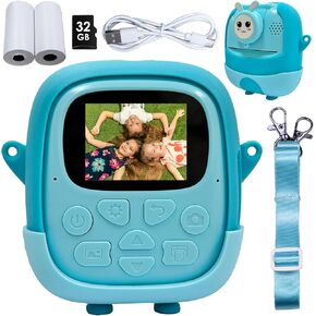 Kids Camera Instant Print, Portable Digital Camera with 32G Card and 1080p Video, 180 ° Selfie Flip Lens, Instant Print Camera for Kids 6+ Years Old with Cartoon Soft Silicone Case