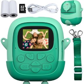Kids Camera Instant Print, Portable Digital Camera with 32G Card and 1080p Video, 180 ° Selfie Flip Lens, Instant Print Camera for Kids 6+ Years Old with Cartoon Soft Silicone Case