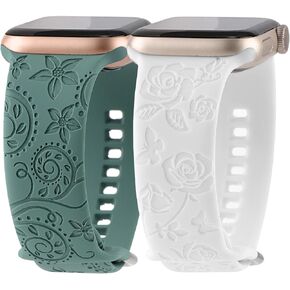 Flower Engraved Bands Compatible with Apple Watch Band 41mm 40mm 38mm 44mm 42mm 45mm 49mm, Cute Women Floral Soft Silicone Sport Replacement Strap for iWatch Ultra 2 Series 9 SE 8 7 6 5 4 3 2 1