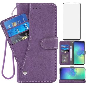 Compatible with Samsung Galaxy S10 Plus Wallet Case Tempered Glass Screen Protector Flip Cover Card Holder Cell Phone Cases for Glaxay S10+ Galaxies S10plus 10S Edge S 10 10plus Cases Women Men Black