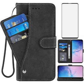 Compatible with Samsung Galaxy S10 Plus Wallet Case Tempered Glass Screen Protector Flip Cover Card Holder Cell Phone Cases for Glaxay S10+ Galaxies S10plus 10S Edge S 10 10plus Cases Women Men Black in Kuwait