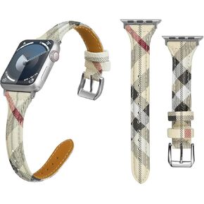 Slim Leather Band Compatible with Apple Watch Bands 49mm 45mm 44mm 42mm 41mm 40mm 38mm, Plaid Designer Beige Straps Compatible with iWatch SE SE2 Ultra Ultra2 Series 9/8/7/6/5/4/3/2/1 Women Men