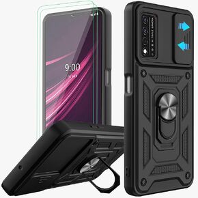 TCL REVVL V+ 5G Cellular Phone Case, Black, Military Grade, Slide Camera Cover, Rotatable Kickstand, 2pcs Screen Protector