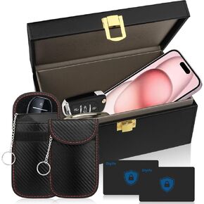 Faraday Box, Faraday Cage with 2 Faraday Pouches 2 Blocking Cards, RFID Box for Car Keys, Key Fob Protector, Signal Blocker for Keyless Fob, Car Key Signal Blocking Box for Car Keys Phones