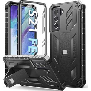 for Samsung Galaxy S21-FE Protective Case: Dual-Layer Military Grade Drop Proof Full Protection Cover with Kickstand | Durable Rugged Shockproof TPU Matte Textured Tough Phone Bumper Shell (Black)