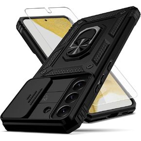 for Samsung Galaxy S22 Plus Case,with Camera Lens Cover HD Screen Protector,[Military Grade] Ring Car Mount Kickstand Hybrid Hard PC Soft TPU Shockproof Protective Case for Galaxy S22 Plus, Black