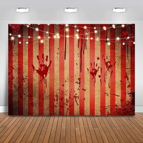 Mocsicka Halloween Circus Backdrop Circus Carnival Red Stripe Horrible Scary Bloody Handprint Party Decoration Splashes of Blood Clown Banner Photography Studio Props (10x8ft)