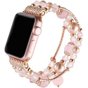 Band Compatible with Apple Watch 41mm 40mm 38mm 45mm 44mm 42mm, Women Girl Elastic Handmade Pearl Bracelet Replacement for Series 9 8 7 6 SE 5 4 3 2 1