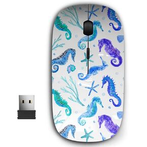 2.4G Ergonomic Portable USB Wireless Mouse for PC, Laptop, Computer, Notebook with Nano Receiver (Blue Seahorse Shell Starfish Coral)