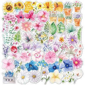 Flowers Floral Stickers, 60pcs Summer Spring Rose Sunflower Palm Hibiscus Daisy Stickers, Vinyl Waterproof Cute Plant Floral Stickers for Water Bottle Scrapbook Envelope Laptop Decorations