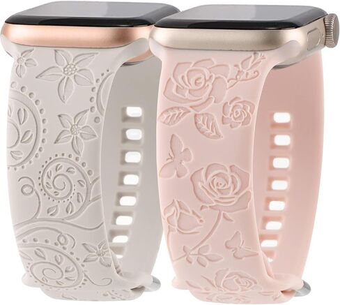 Flower Engraved Bands Compatible with Apple Watch Band 41mm 40mm 38mm 44mm 42mm 45mm 49mm, Cute Women Floral Soft Silicone Sport Replacement Strap for iWatch Ultra 2 Series 9 SE 8 7 6 5 4 3 2 1 in Saudi Arabia