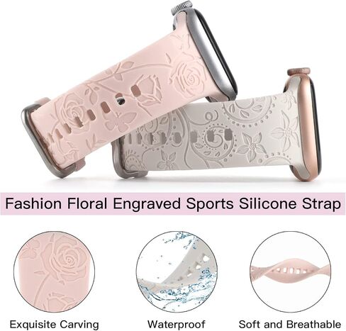 Flower Engraved Bands Compatible with Apple Watch Band 41mm 40mm 38mm 44mm 42mm 45mm 49mm, Cute Women Floral Soft Silicone Sport Replacement Strap for iWatch Ultra 2 Series 9 SE 8 7 6 5 4 3 2 1 in Saudi Arabia
