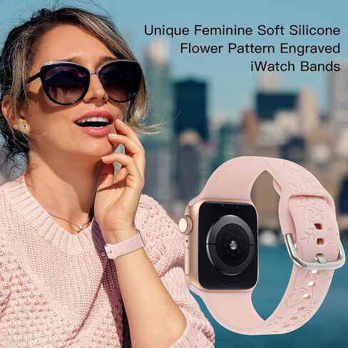 Flower Engraved Bands Compatible with Apple Watch Band 41mm 40mm 38mm 44mm 42mm 45mm 49mm, Cute Women Floral Soft Silicone Sport Replacement Strap for iWatch Ultra 2 Series 9 SE 8 7 6 5 4 3 2 1 in Saudi Arabia