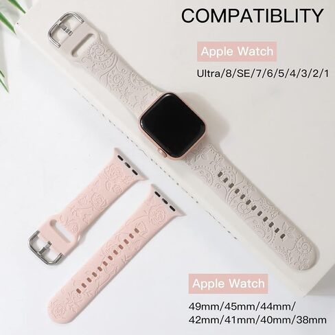 Flower Engraved Bands Compatible with Apple Watch Band 41mm 40mm 38mm 44mm 42mm 45mm 49mm, Cute Women Floral Soft Silicone Sport Replacement Strap for iWatch Ultra 2 Series 9 SE 8 7 6 5 4 3 2 1 in Saudi Arabia