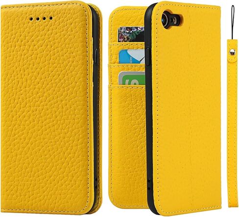 جراب iCoverCase لهاتف iPhone iPhone SE(2022)/SE(2020)/iPhone 7/8 مع حامل بطاقة الائتمان وحزام المعصم، غطاء هاتف خلوي مغناطيسي من الجلد الطبيعي قابل للطي 4.7 بوصة (أصفر) in Saudi Arabia
