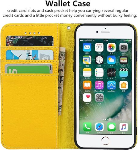 جراب iCoverCase لهاتف iPhone iPhone SE(2022)/SE(2020)/iPhone 7/8 مع حامل بطاقة الائتمان وحزام المعصم، غطاء هاتف خلوي مغناطيسي من الجلد الطبيعي قابل للطي 4.7 بوصة (أصفر) in Saudi Arabia