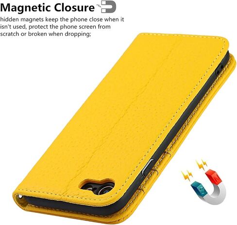 جراب iCoverCase لهاتف iPhone iPhone SE(2022)/SE(2020)/iPhone 7/8 مع حامل بطاقة الائتمان وحزام المعصم، غطاء هاتف خلوي مغناطيسي من الجلد الطبيعي قابل للطي 4.7 بوصة (أصفر) in Saudi Arabia