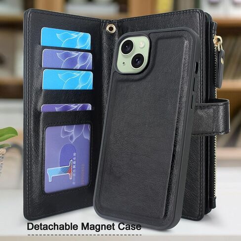 Lacass Case Compatible with iPhone 15 Plus /14 Plus, [ Card Slots] ID Credit Cash Holder Zipper Pocket Detachable Leather Cover with Wrist Strap Lanyard (Black) in Saudi Arabia