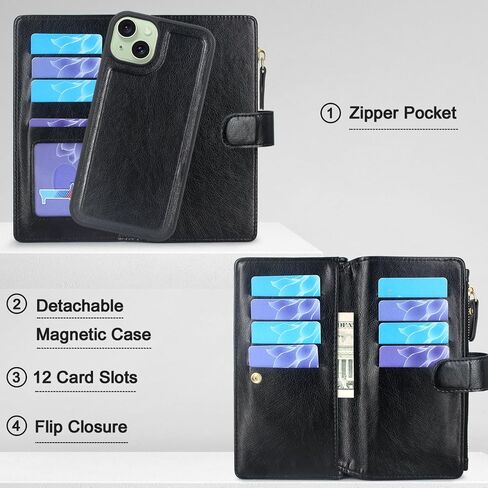 Lacass Case Compatible with iPhone 15 Plus /14 Plus, [ Card Slots] ID Credit Cash Holder Zipper Pocket Detachable Leather Cover with Wrist Strap Lanyard (Black) in Saudi Arabia