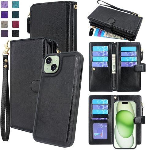 Lacass Case Compatible with iPhone 15 Plus /14 Plus, [ Card Slots] ID Credit Cash Holder Zipper Pocket Detachable Leather Cover with Wrist Strap Lanyard (Black) in Saudi Arabia