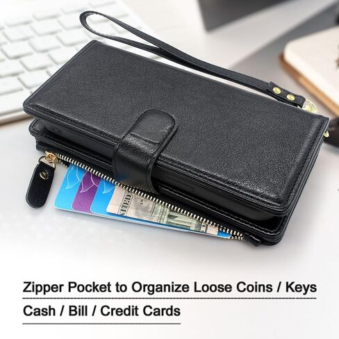 Lacass Case Compatible with iPhone 15 Plus /14 Plus, [ Card Slots] ID Credit Cash Holder Zipper Pocket Detachable Leather Cover with Wrist Strap Lanyard (Black) in Saudi Arabia