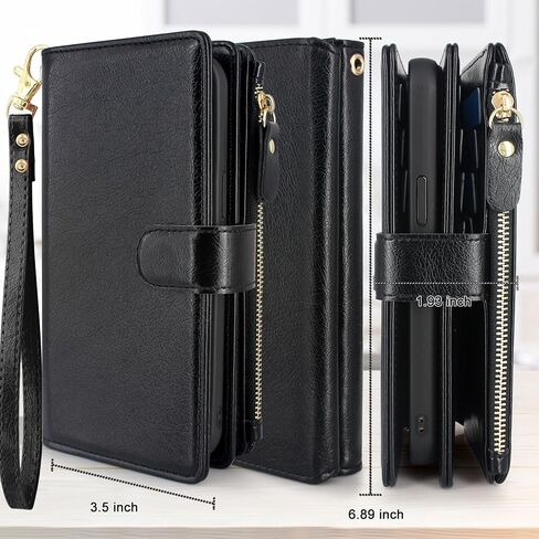 Lacass Case Compatible with iPhone 15 Plus /14 Plus, [ Card Slots] ID Credit Cash Holder Zipper Pocket Detachable Leather Cover with Wrist Strap Lanyard (Black) in Saudi Arabia