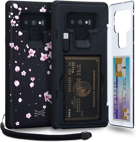 TORU CX PRO Case for Galaxy Note 9, with Card Holder | Slim Protective Cover with Hidden Credit Cards Wallet Flip Slot Compartment Kickstand | Include Mirror, Strap, USB Adapter - Black in Saudi Arabia