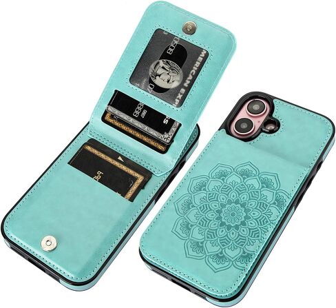 Vaburs for iPhone 16 Wallet Case, Kickstand Case with Credit Card Holder, Embossed Mandala Floral Pattern Premium PU Leather Magnetic Closure Shockproof Protective Flip Cover 6.1" (Green) in Kuwait
