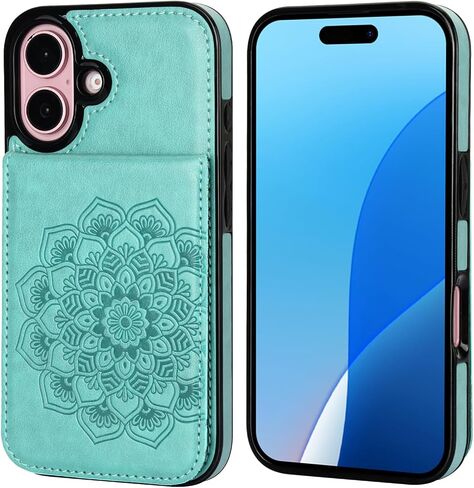 Vaburs for iPhone 16 Wallet Case, Kickstand Case with Credit Card Holder, Embossed Mandala Floral Pattern Premium PU Leather Magnetic Closure Shockproof Protective Flip Cover 6.1" (Green) in Kuwait