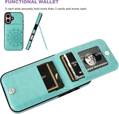 Vaburs for iPhone 16 Wallet Case, Kickstand Case with Credit Card Holder, Embossed Mandala Floral Pattern Premium PU Leather Magnetic Closure Shockproof Protective Flip Cover 6.1" (Green) in Kuwait