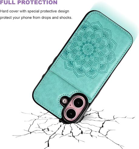 Vaburs for iPhone 16 Wallet Case, Kickstand Case with Credit Card Holder, Embossed Mandala Floral Pattern Premium PU Leather Magnetic Closure Shockproof Protective Flip Cover 6.1" (Green) in Kuwait
