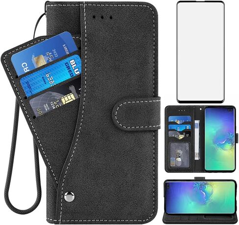 Compatible with Samsung Galaxy S10 Plus Wallet Case Tempered Glass Screen Protector Flip Cover Card Holder Cell Phone Cases for Glaxay S10+ Galaxies S10plus 10S Edge S 10 10plus Cases Women Men Black in Kuwait