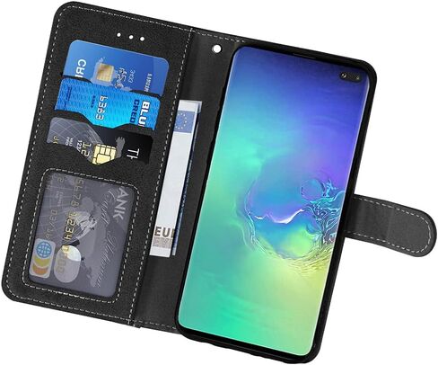 Compatible with Samsung Galaxy S10 Plus Wallet Case Tempered Glass Screen Protector Flip Cover Card Holder Cell Phone Cases for Glaxay S10+ Galaxies S10plus 10S Edge S 10 10plus Cases Women Men Black in Kuwait