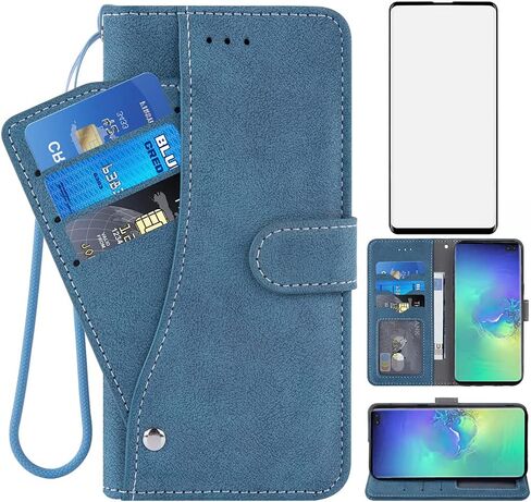 Compatible with Samsung Galaxy S10 Plus Wallet Case Tempered Glass Screen Protector Flip Cover Card Holder Cell Phone Cases for Glaxay S10+ Galaxies S10plus 10S Edge S 10 10plus Cases Women Men Black in Kuwait