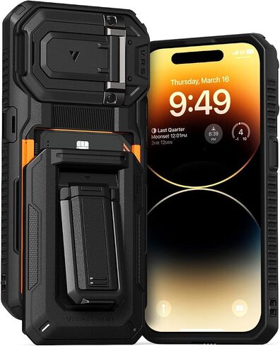 VRS DESIGN Origin Case for iPhone 14 Pro Max (2022), iPhone 13 Pro Max (2021), Wallet Card Holder Case [3 Cards] Rugged Semi-Automatic 3-Card Slot & Kickstand Case (Matte Black) in Saudi Arabia