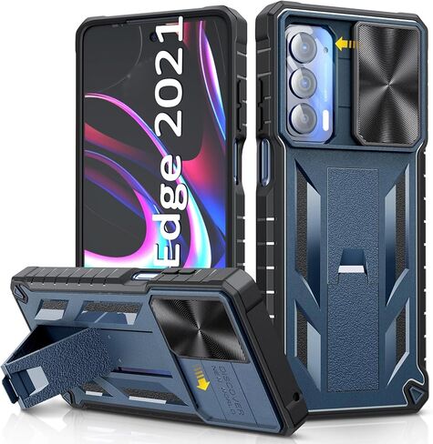 for Motorola Moto Edge 2021 Case | Edge 5G UW Case: Kickstand & Slide Lens Protector Cover - Shockproof Rugged Military Grade Protective Case for Men Women - 6.8 inch Armor Designed - Blue in Kuwait