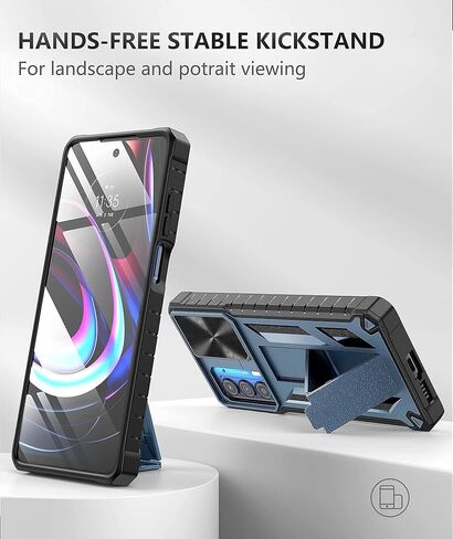 for Motorola Moto Edge 2021 Case | Edge 5G UW Case: Kickstand & Slide Lens Protector Cover - Shockproof Rugged Military Grade Protective Case for Men Women - 6.8 inch Armor Designed - Blue in Kuwait