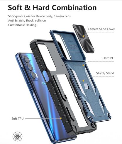 for Motorola Moto Edge 2021 Case | Edge 5G UW Case: Kickstand & Slide Lens Protector Cover - Shockproof Rugged Military Grade Protective Case for Men Women - 6.8 inch Armor Designed - Blue in Kuwait