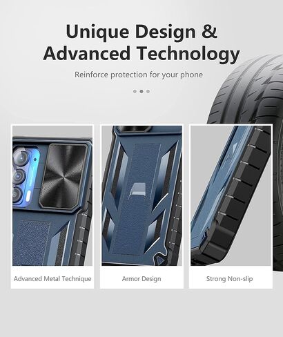 for Motorola Moto Edge 2021 Case | Edge 5G UW Case: Kickstand & Slide Lens Protector Cover - Shockproof Rugged Military Grade Protective Case for Men Women - 6.8 inch Armor Designed - Blue in Kuwait