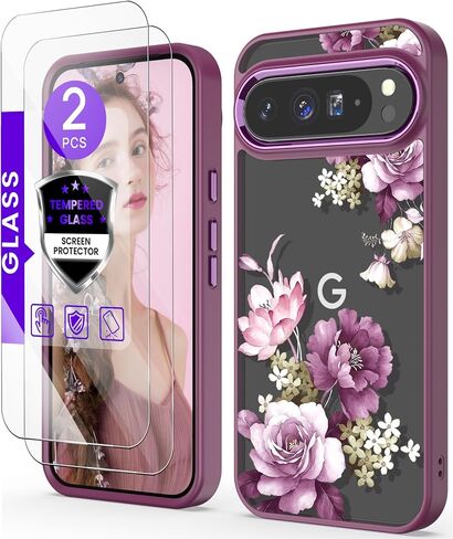 for Google 9/9 Pro Case+Tempered Glass Screen Protector, [Military Grade Protective] Slim Soft TPU & Hard PC,Girls Women Crystal Clear Flower Pattern Case Cover for Pixel 9/9 Pro-Purple in Saudi Arabia